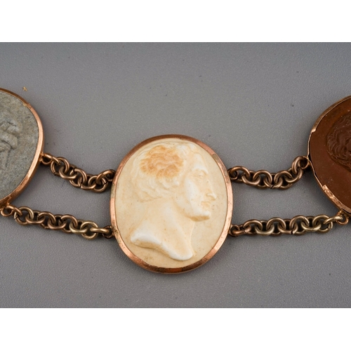 61 - 19th century yellow metal mounted lava cameo necklace and bracelet. Marks to the clasp of the bracel... 