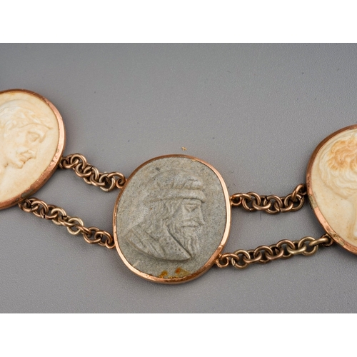 61 - 19th century yellow metal mounted lava cameo necklace and bracelet. Marks to the clasp of the bracel... 