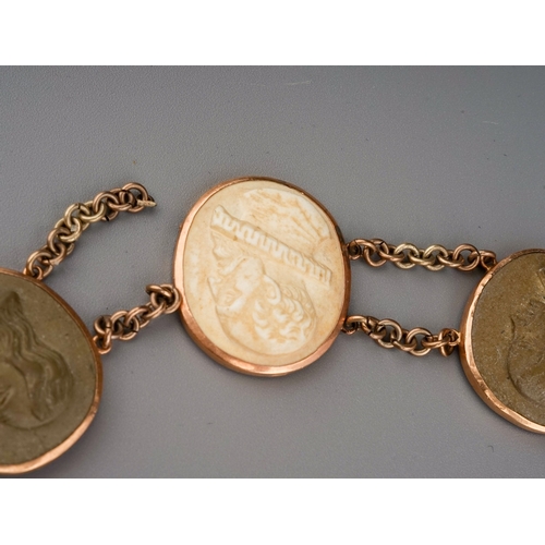 61 - 19th century yellow metal mounted lava cameo necklace and bracelet. Marks to the clasp of the bracel... 