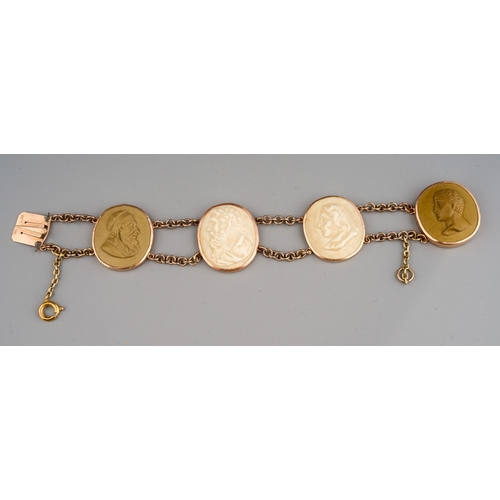 61 - 19th century yellow metal mounted lava cameo necklace and bracelet. Marks to the clasp of the bracel... 