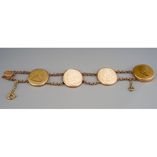 61 - 19th century yellow metal mounted lava cameo necklace and bracelet. Marks to the clasp of the bracel... 