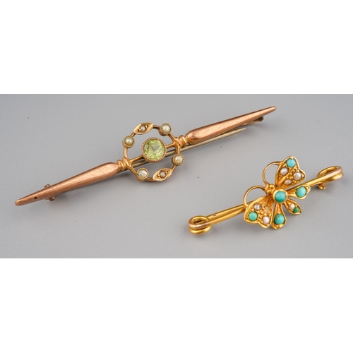 62 - 2 Yellow metal bar brooches, one set with peridot and seed pearls, marked 9c, other set with turquoi... 