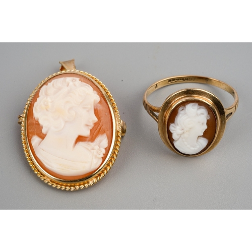 72 - An Italian 9k yellow gold and cameo brooch; together with a 9ct yellow gold and cameo ring, size Q, ... 