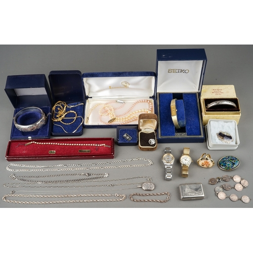 73 - A Group of Silver and Costume Jewellery and wrist watches, silver chains, bangle etc