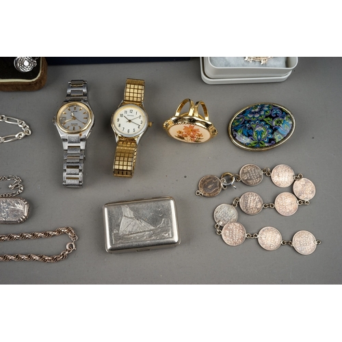 73 - A Group of Silver and Costume Jewellery and wrist watches, silver chains, bangle etc