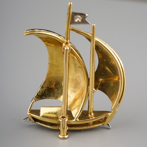 79 - Enamel & Diamond Yacht Brooch two sails 18ct gold