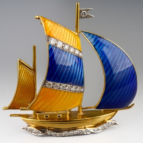 80 - Enamel and Diamond Yacht brooch three sails 18ct gold