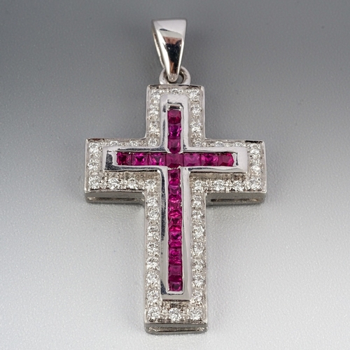 84 - Ruby and Diamond Cross Pendant 18ct White Gold