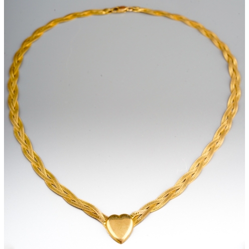 85 - A 9ct yellow gold plaited necklace with heart centre, approx 9g; togher with a broken 9ct gold chain... 