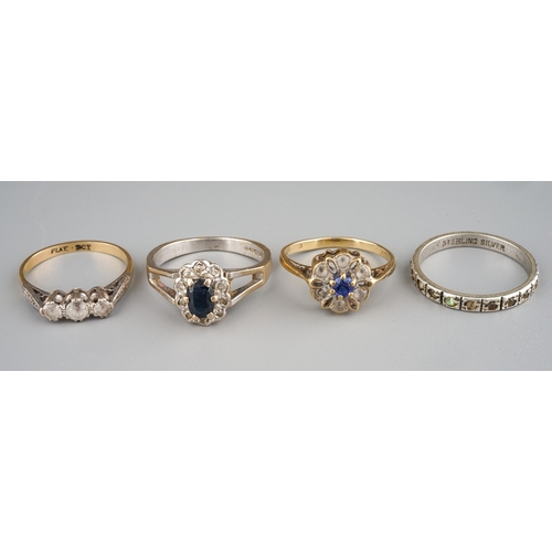 93 - An 18ct white gold sapphire and diamond chip ring, size N1/2, gross weight approx 4.9g; a two 9ct ye... 