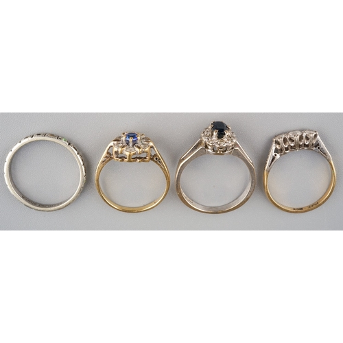 93 - An 18ct white gold sapphire and diamond chip ring, size N1/2, gross weight approx 4.9g; a two 9ct ye... 