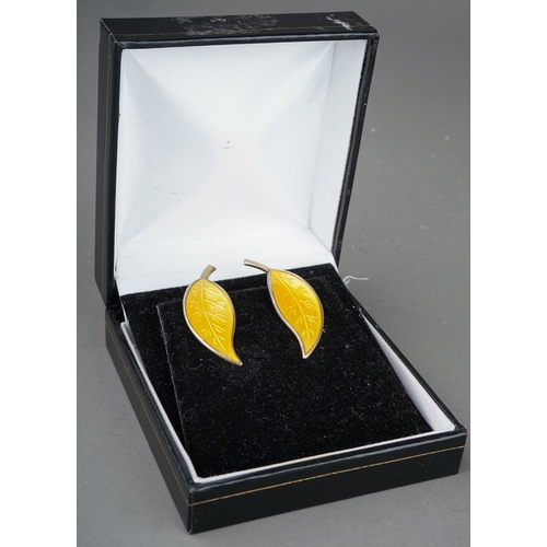 95 - David Anderson - a pair of Norwegian silver-gilt and yellow enamel clip-on leaf earrings, approx 3.2... 