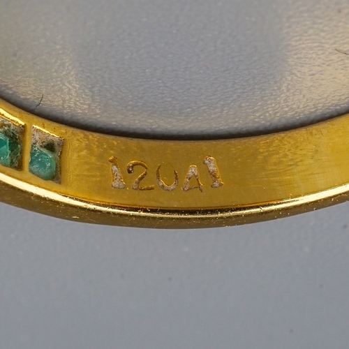 97 - A yellow gold and emerald half eternity ring, size P1/2, unmarked assessed as approx 14k-18k, gross ... 