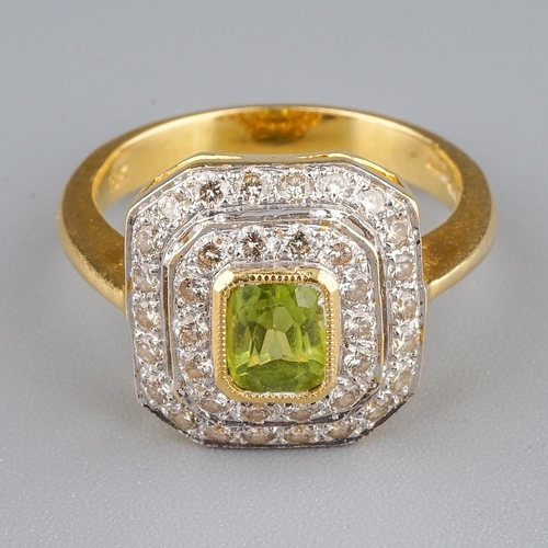 98 - An 18k yellow gold peridot and diamond square cluster ring, size N, gross weight approx 5.8g