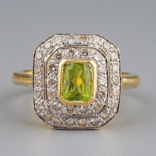 98 - An 18k yellow gold peridot and diamond square cluster ring, size N, gross weight approx 5.8g