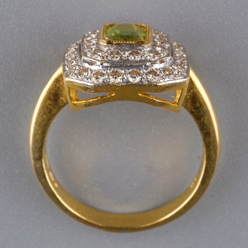 98 - An 18k yellow gold peridot and diamond square cluster ring, size N, gross weight approx 5.8g