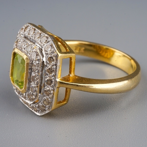 98 - An 18k yellow gold peridot and diamond square cluster ring, size N, gross weight approx 5.8g