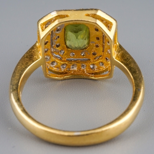 98 - An 18k yellow gold peridot and diamond square cluster ring, size N, gross weight approx 5.8g