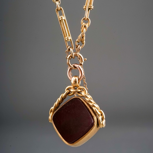 106 - Yellow metal necklace, marked 9ct to clast fitted with 18 ct gold hallmarked fob set with blood ston... 