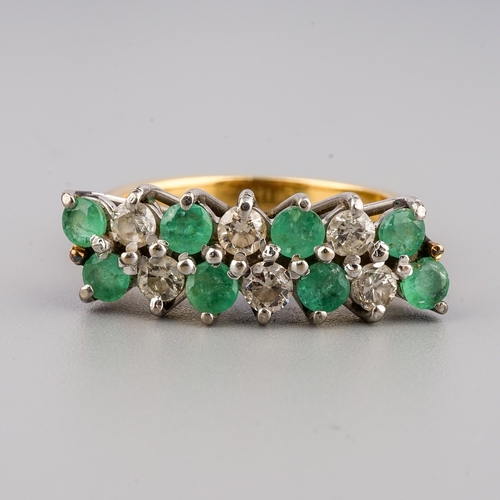 108 - An 18ct yellow gold diamond and emerald dress ring, two rows of alternating round emeralds and brill... 