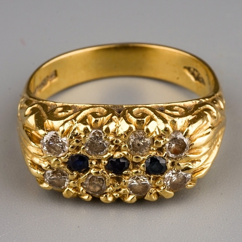 110 - An 18ct yellow gold diamond and sapphire ring, size N, total gross weight approx 7g