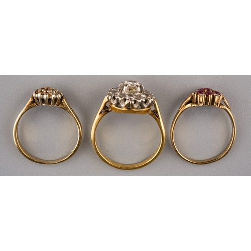 111 - An 18ct yellow gold and diamond cluster ring, size L1/2, gross weight approx 4.3g; a 9ct yellow gold... 