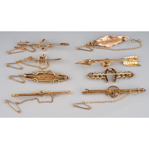 112 - A collection of Victorian and Edwardian gold bar brooches, including two 15ct yellow gold (one set w... 