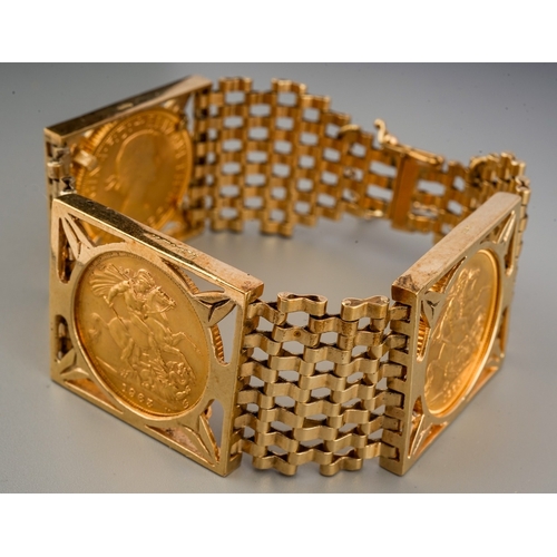 114 - 3 Full Sovereigns, two 1968 one 1965 mounted in a 9 ct gold hallmarked bracelet. Gross weight 49.4 g