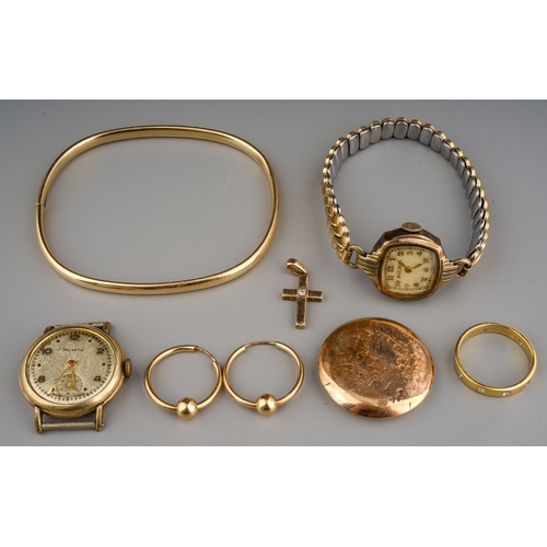 120 - Quantity of jewellery to 9 ct gold bangle and cross, yellow metal earrings, plated watches and a sil... 