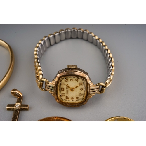 120 - Quantity of jewellery to 9 ct gold bangle and cross, yellow metal earrings, plated watches and a sil... 