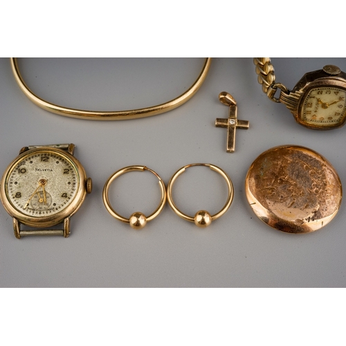 120 - Quantity of jewellery to 9 ct gold bangle and cross, yellow metal earrings, plated watches and a sil... 