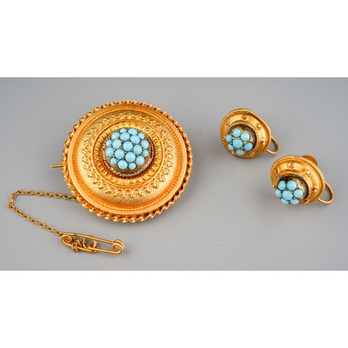 121 - Antique yellow metal target brooch set with turquoise, marked 9 ct with pair of similar earrings, al... 