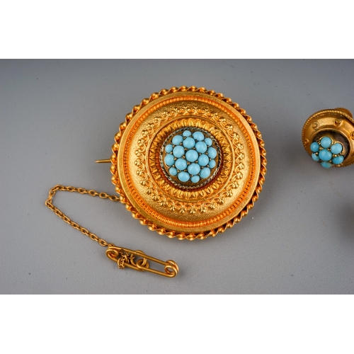 121 - Antique yellow metal target brooch set with turquoise, marked 9 ct with pair of similar earrings, al... 