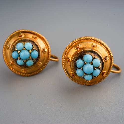 121 - Antique yellow metal target brooch set with turquoise, marked 9 ct with pair of similar earrings, al... 