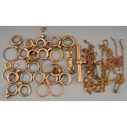 123 - Collection of marked and unmarked yellow metal, fastens, sleeper earrings, t bar etc. Weight of mark... 