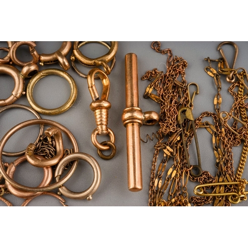 123 - Collection of marked and unmarked yellow metal, fastens, sleeper earrings, t bar etc. Weight of mark... 