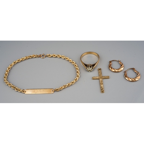 126 - Collection of 9 ct jewellery to include, ring, cross, earing, bracelet, gross weight 6.6 g