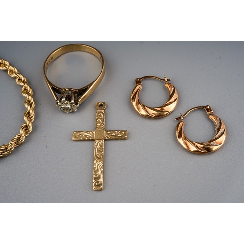 126 - Collection of 9 ct jewellery to include, ring, cross, earing, bracelet, gross weight 6.6 g