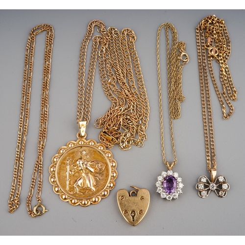 136 - Quantity of 9 ct gold chains and pendants ro include 2 Saint Christophers, gross weight 23.3 g