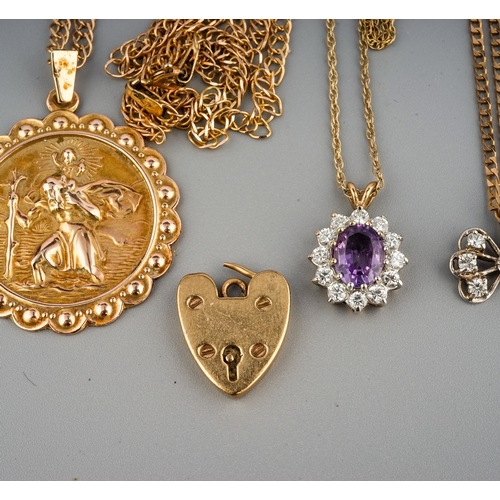 136 - Quantity of 9 ct gold chains and pendants ro include 2 Saint Christophers, gross weight 23.3 g