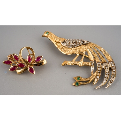 142 - Two 9 ct gold brooches one as an exotic bird set with white  stones, Birmingham 1991, other set with... 