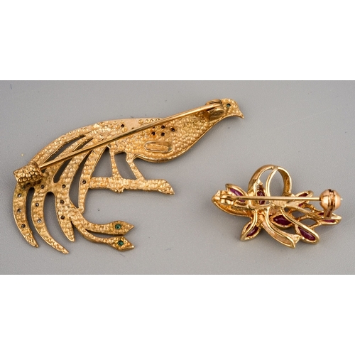 142 - Two 9 ct gold brooches one as an exotic bird set with white  stones, Birmingham 1991, other set with... 