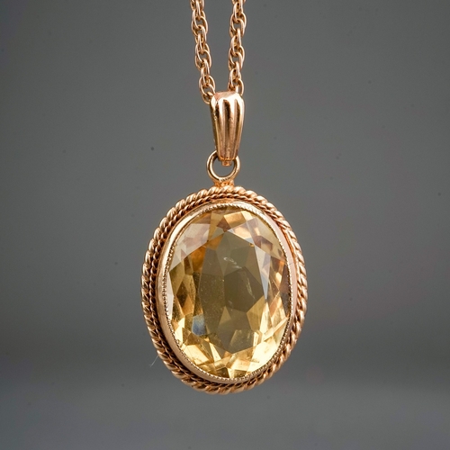 143 - 9 ct mounted citrine on 9 ct gold chain, gross weight 6.2g