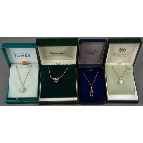 144 - 4 stone set 9 ct gold pendants and chains, one chain a/f, gross total weight 11.8g