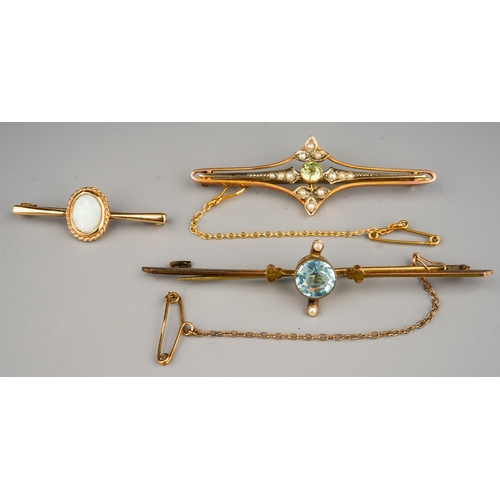 145 - 3 yellow metal bar brooches, one set with amethyst and seed pearls, one with hallmarked 9ct and set ... 