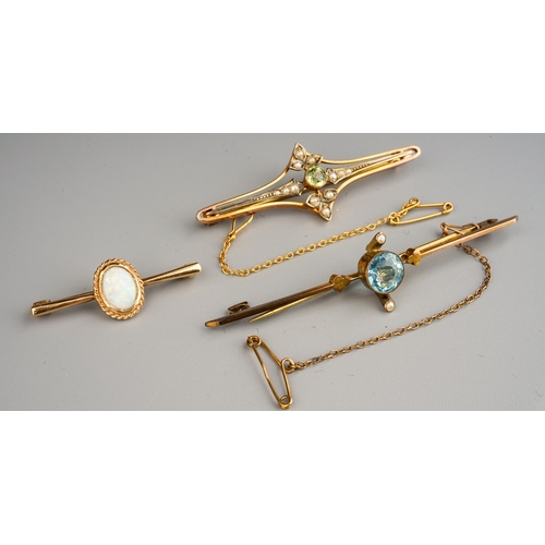 145 - 3 yellow metal bar brooches, one set with amethyst and seed pearls, one with hallmarked 9ct and set ... 