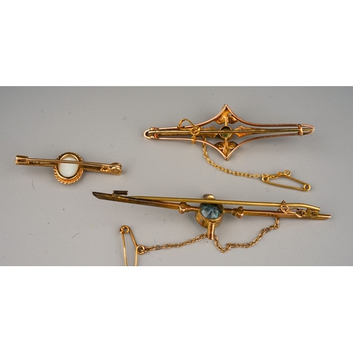 145 - 3 yellow metal bar brooches, one set with amethyst and seed pearls, one with hallmarked 9ct and set ... 