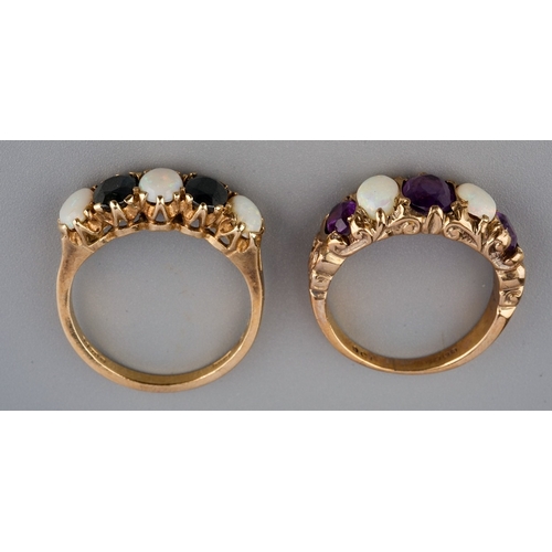 150 - A 9ct yellow gold amethyst and opal five-stone ring, size M, gross weight approx 4.8g; together with... 