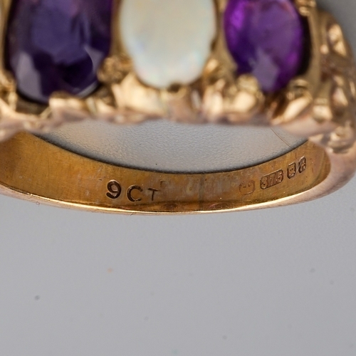 150 - A 9ct yellow gold amethyst and opal five-stone ring, size M, gross weight approx 4.8g; together with... 