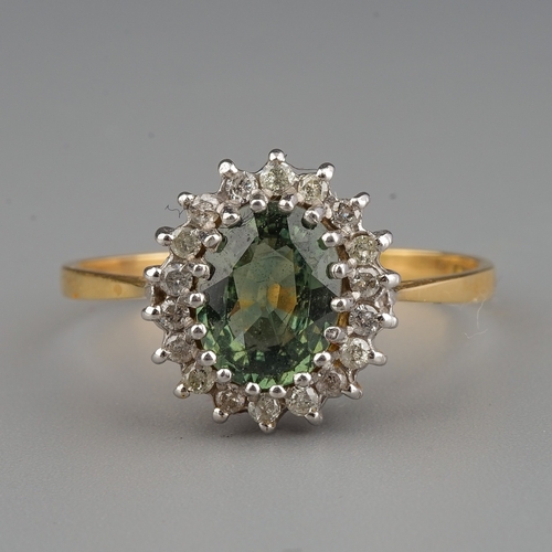 154 - An 18ct yellow gold peridot and diamond oval cluster ring, size S, gross weight approx 
3.1g